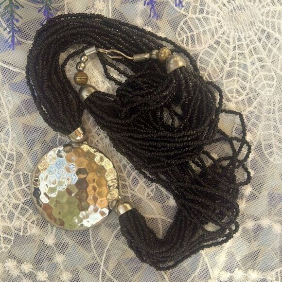 Vintage Multi-strand Tibetan/Nepalese Black Onyx Stone Bead Necklace - Picture 12 of 12